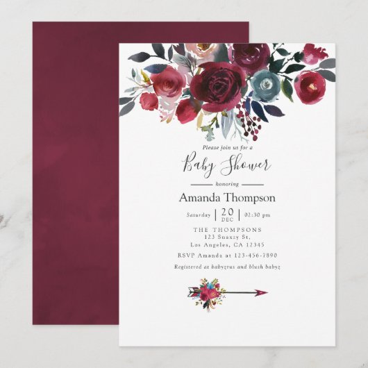 Invitation Boho Chic Bourgogne et Baby shower floral Navy (Devant / Derrière)