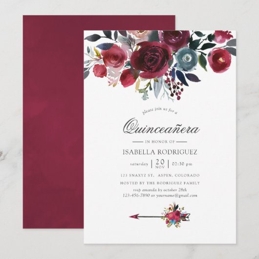 Invitation Boho Chic Bourgogne et floral de marine Quinceañer (Devant / Derrière)