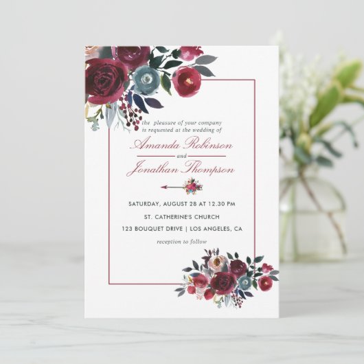 Invitation Boho Chic Bourgogne et Mariage de automne d'automn (Debout devant)