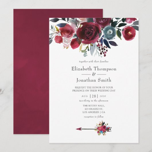 Invitation Boho Chic Bourgogne et Mariage floral Navy (Devant / Derrière)