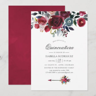 Invitation Boho Chic Bourgogne et marine floral Quinceañera