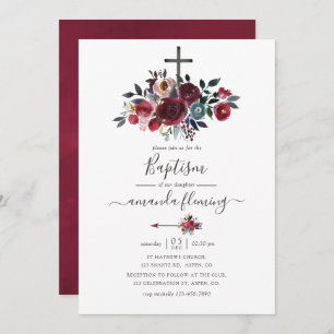 Invitation Boho Chic Bourgogne et Navy Floral Baptism