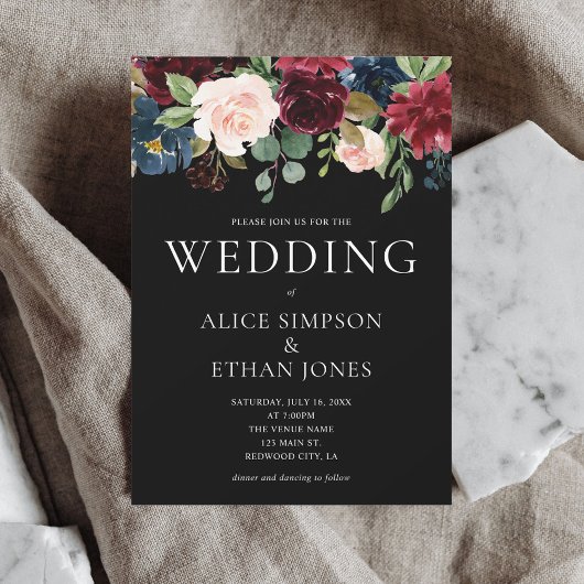 Invitation Boho Chic Bourgogne Mariage de fleurs bleues