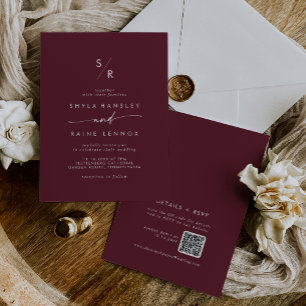 Invitation Boho Chic Bourgogne Rouge Monogramme QR Code Maria