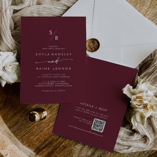 Invitation Boho Chic Bourgogne Rouge Monogramme QR Code Maria