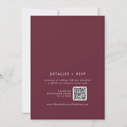 Invitation Boho Chic Bourgogne Rouge QR Code Mariage espagnol (Dos)
