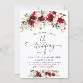 Invitation Boho Chic Bourguignon Roses Fleurs Vertes Mariage (Devant)