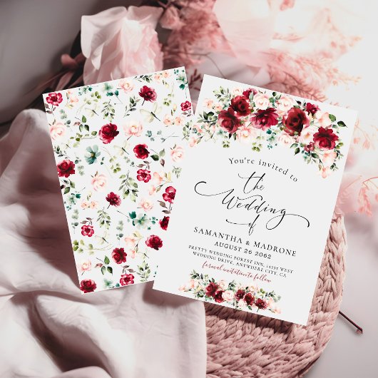 Invitation Boho Chic Bourguignon Roses Fleurs Vertes Mariage