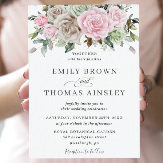 Invitation Boho Chic Brown Rose Sage Vert Floral Mariage