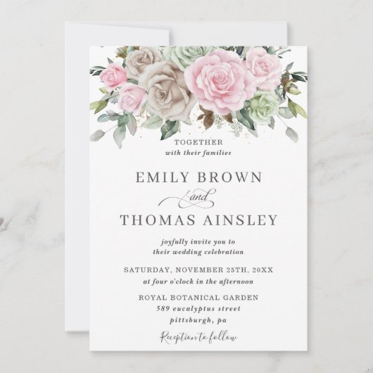 Invitation Boho Chic Brown Rose Sage Vert Floral Mariage (Devant)