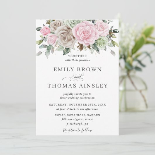 Invitation Boho Chic Brown Rose Sage Vert Floral Mariage (Debout devant)