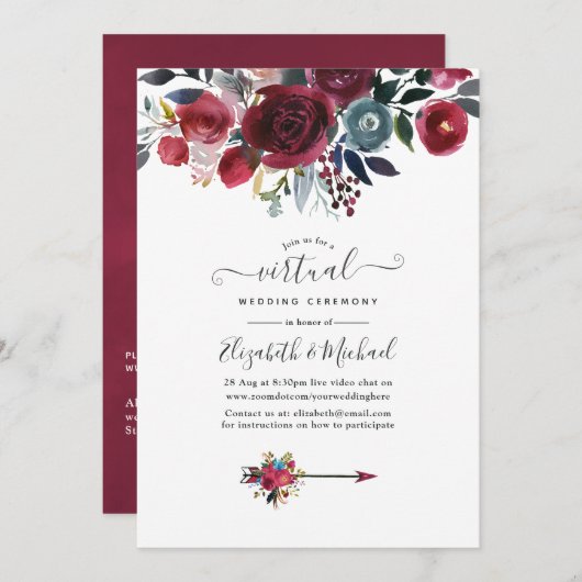 Invitation Boho Chic Burgundy et Navy floral Mariage virtuel (Devant / Derrière)