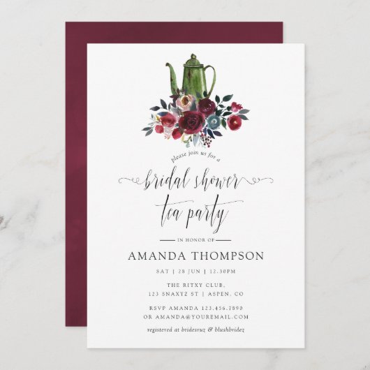 Invitation Boho Chic Burgundy & Navy Fête des mariées Tea Par (Devant / Derrière)