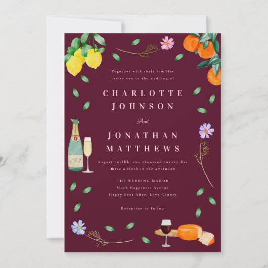 Invitation Boho Chic Citron Rustique Bourgogne Rose Mariage (Devant)