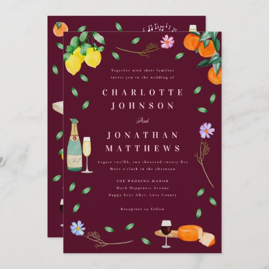 Invitation Boho Chic Citrus Rustic Burgundy Pink Wedding (Devant / Derrière)