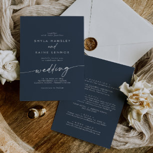 Invitation Boho Chic Dark Navy bleu avant et arrière Mariage