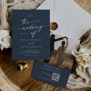 Invitation Boho Chic Dark Navy Bleu Photo QR Code Mariage