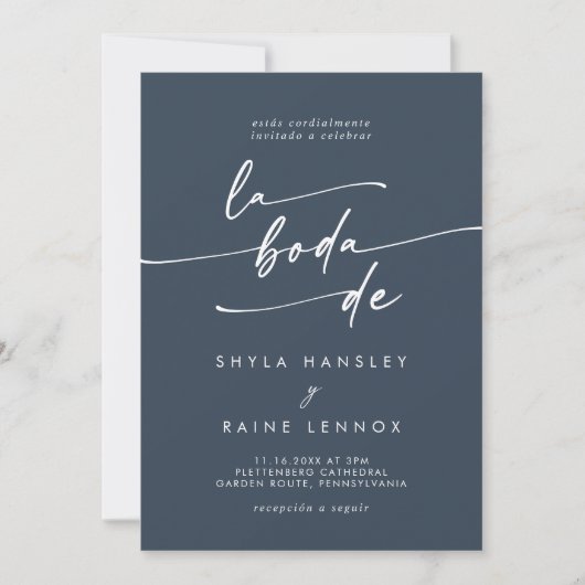 Invitation Boho Chic Dark Navy Bleu QR Code Espagnol Mariage (Devant)