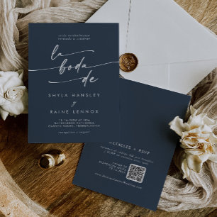 Invitation Boho Chic Dark Navy Bleu QR Code Espagnol Mariage