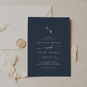 Invitation Boho Chic Dark Navy Mariage Monogramme bleu