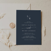 Invitation Boho Chic Dark Navy Mariage Monogramme bleu