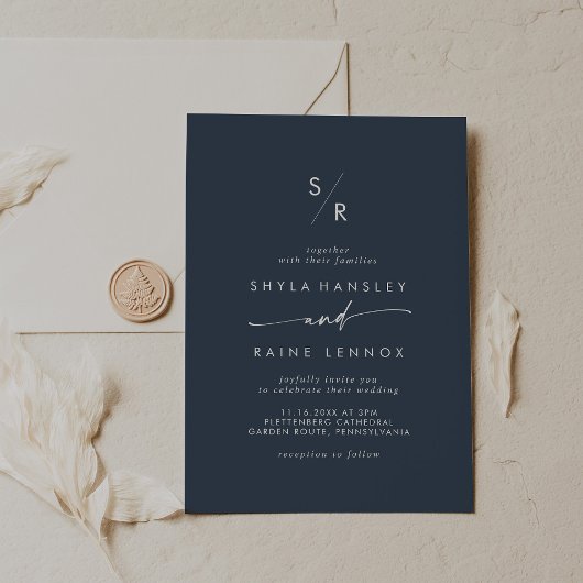Invitation Boho Chic Dark Navy Mariage Monogramme bleu