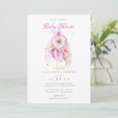 Invitation Boho Chic Dream Catcher Baby shower fille rose (Debout devant)