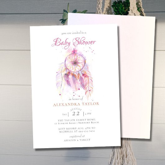 Invitation Boho Chic Dream Catcher Baby shower fille rose