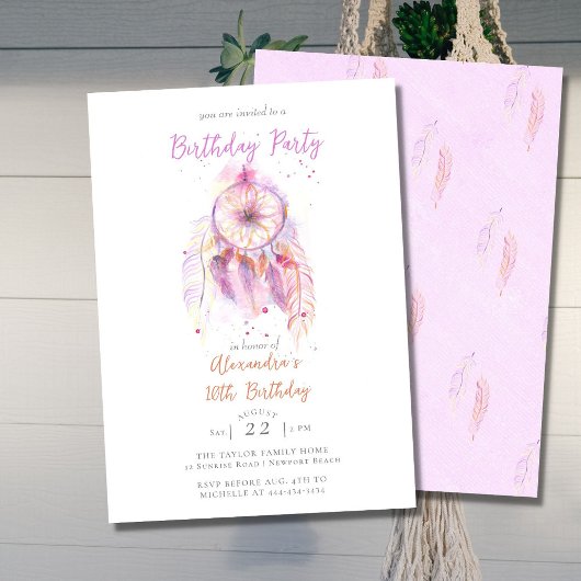 Invitation Boho Chic Dream Catcher Rose Girl Anniversaire