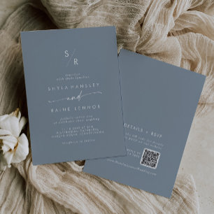 Invitation Boho Chic Dusty Bleu Monogramme QR Code Mariage