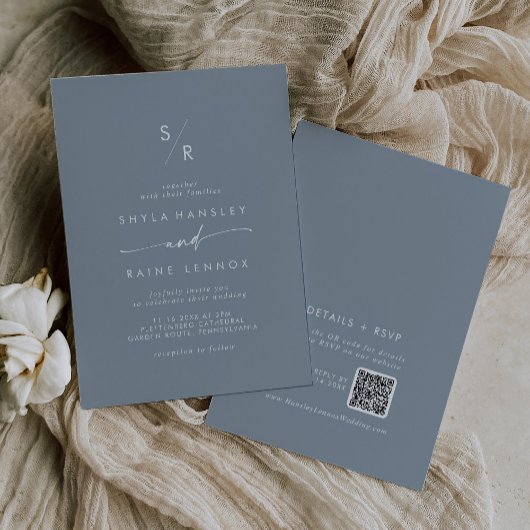 Invitation Boho Chic Dusty Bleu Monogramme QR Code Mariage