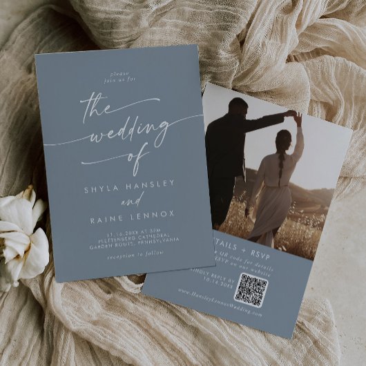 Invitation Boho Chic Dusty Blue Photo QR Code Mariage
