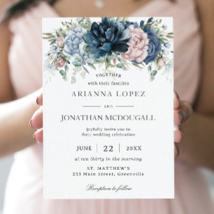 Invitation Boho Chic Dusty Blue Rose Navy Mariage de taille f