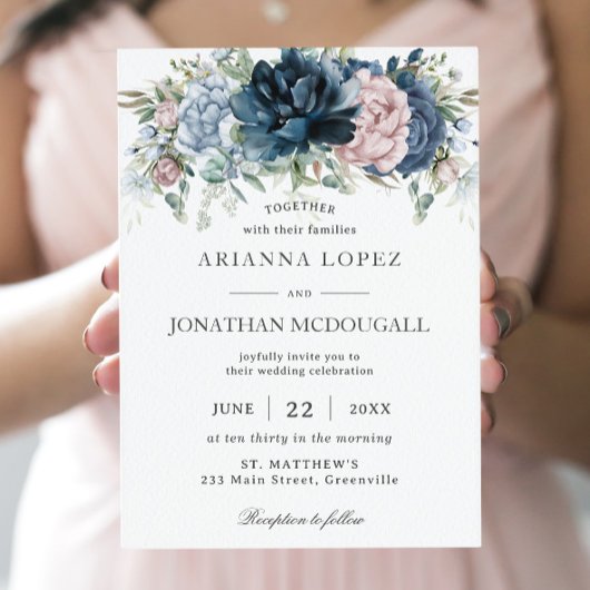 Invitation Boho Chic Dusty Blue Rose Navy Mariage de taille f