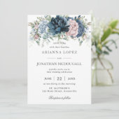 Invitation Boho Chic Dusty Blue Rose Navy Mariage de taille f (Debout devant)