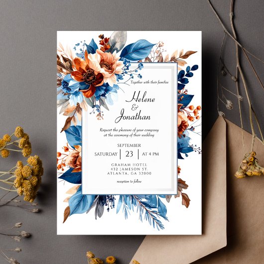 Invitation Boho Chic Dusty Blue Terracotta Elegant Wedding