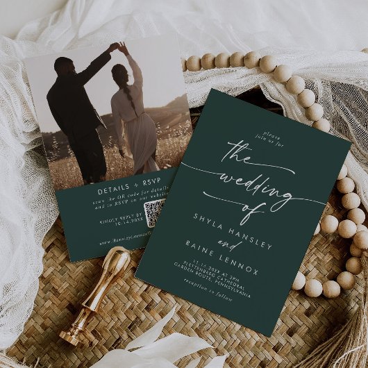 Invitation Boho Chic Emerald Green Photo QR Code Mariage