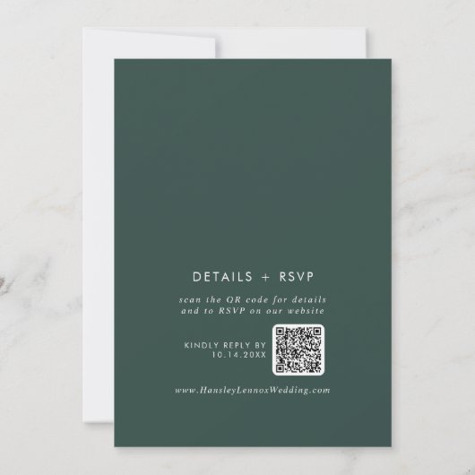 Invitation Boho Chic Emerald Vert Monogramme QR Code Mariage (Dos)