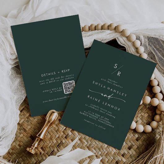 Invitation Boho Chic Emerald Vert Monogramme QR Code Mariage
