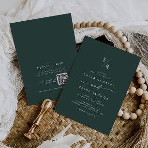Invitation Boho Chic Emerald Vert Monogramme QR Code Mariage
