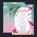 Invitation Boho Chic Fête d'anniversaire Tropicale à l'aquare<br><div class="desc">Rose, bleu et un mélange de couleurs tropicales évoquant l'image d'une plage rose à l'aquarelle se fondant dans un océan et un ciel à l'aquarelle entourés de feuilles tropicales. Le dos est orné d'un palmier vintage et d'un buisson d'ananas pour compléter l'aspect. Un panneau à bords dorés sur le devant...</div>