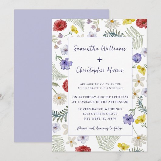 Invitation Boho Chic Fleur Sauvage Aquarelle Mariage (Devant / Derrière)