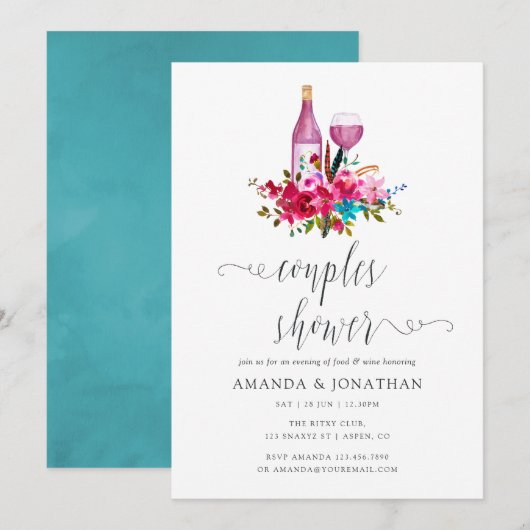 Invitation Boho Chic Fleurs Couple Shower Tasting de Vin (Devant / Derrière)