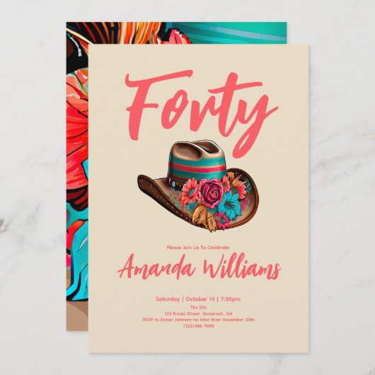 Invitation Boho Chic Floral 40e Anniversaire (Devant / Derrière)