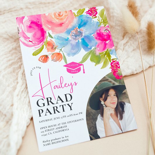 Invitation Boho chic floral aquarelle photo graduation 2024