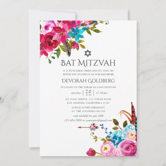 Invitation Boho Chic Floral Bat mitzvah (Devant)