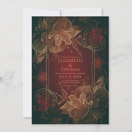 Invitation Boho Chic Floral Bourgogne et or thème. (Devant)