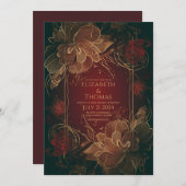 Invitation Boho Chic Floral Bourgogne et or thème. (Devant / Derrière)