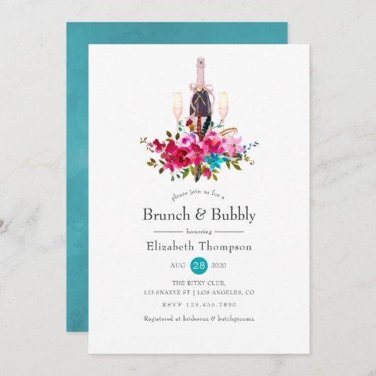 Invitation Boho Chic Floral Brunch et Fête des mariées Bubbly (Devant / Derrière)