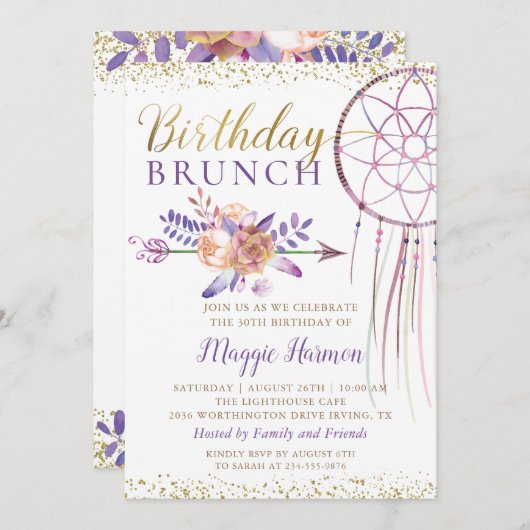 Invitation Boho Chic Floral Dreamcatcher Anniversaire Brunch (Devant / Derrière)